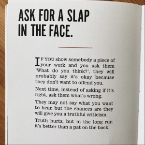 A book cover with the title "Ask for a Slap in the Face?" symbolizing the need for honest feedback and self-awareness in professional development.